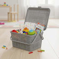 Go Hooked grey plastic picnic storage basket with lid, handle, and snap lock, filled with toys and essentials.