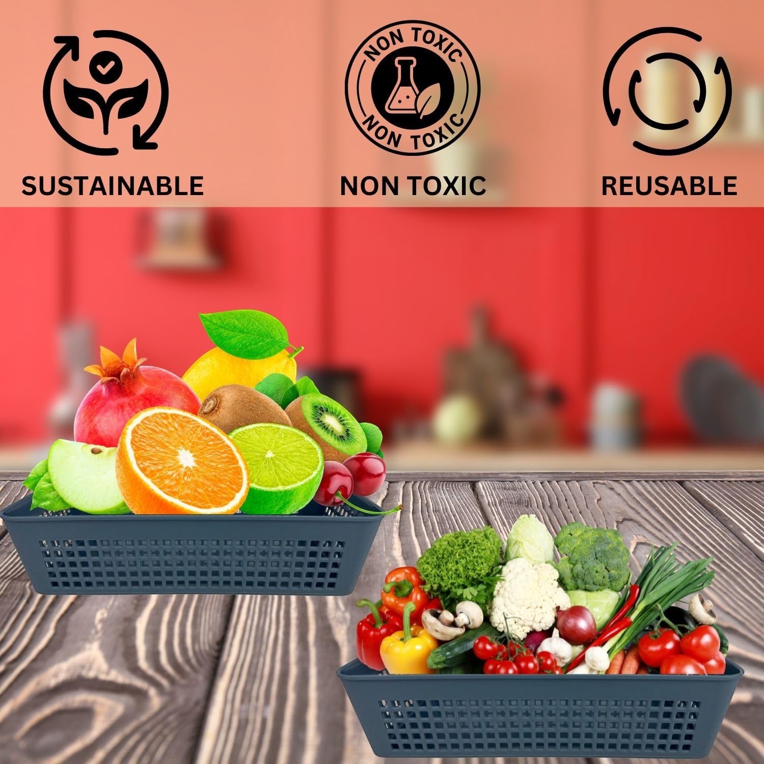 Go Hooked grey plastic multipurpose storage baskets filled with fruits and vegetables. Sustainable, non-toxic, reusable.