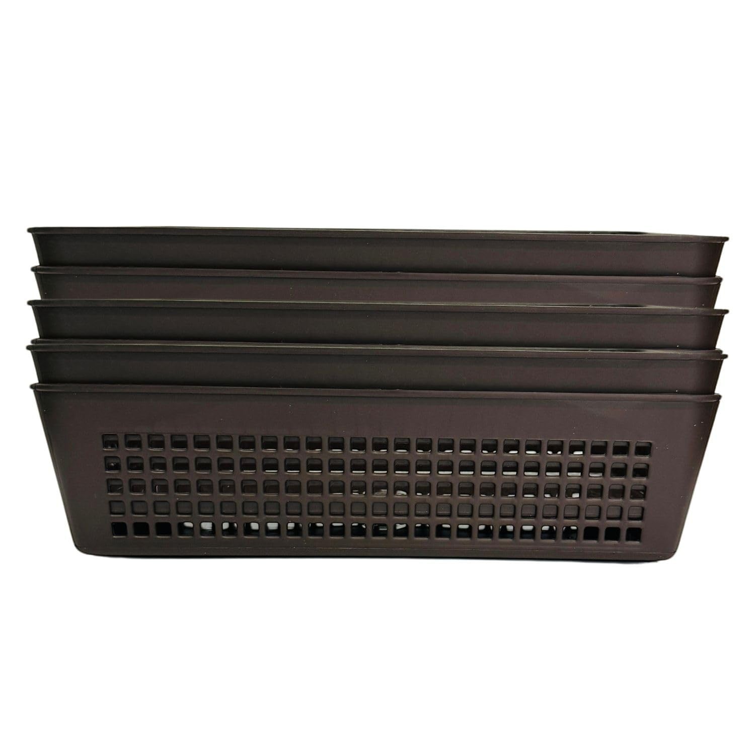 GoHooked set of 5 grey plastic storage baskets with perforated sides and integrated handles. Ideal for cosmetics, office, or bathroom organization.