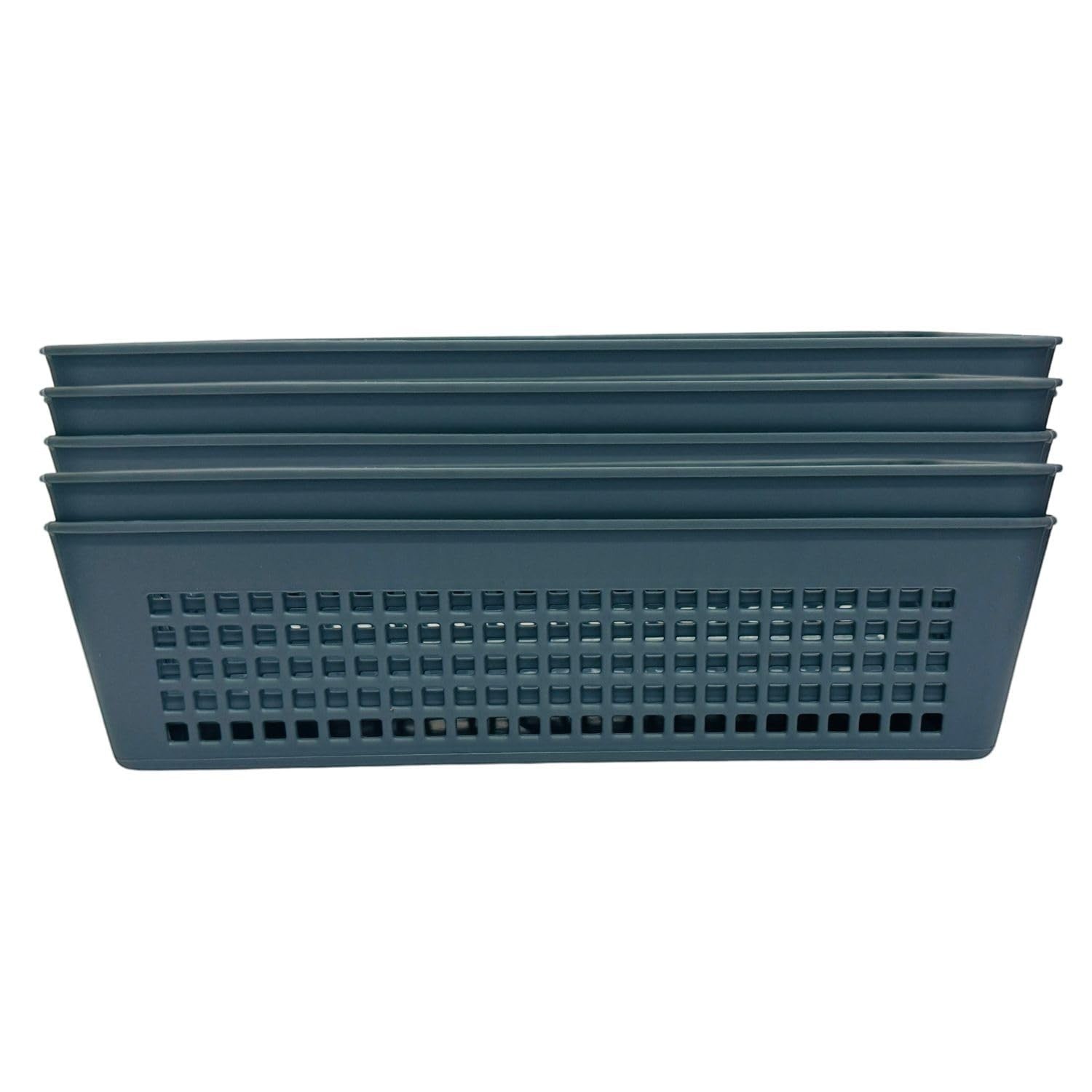 Go Hooked grey plastic storage baskets with perforated sides, set of 5, ideal for cosmetics, office, or bathroom organization.