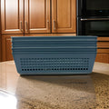 Go Hooked grey plastic storage baskets with perforated sides, stacked on a countertop. Set of 5.
