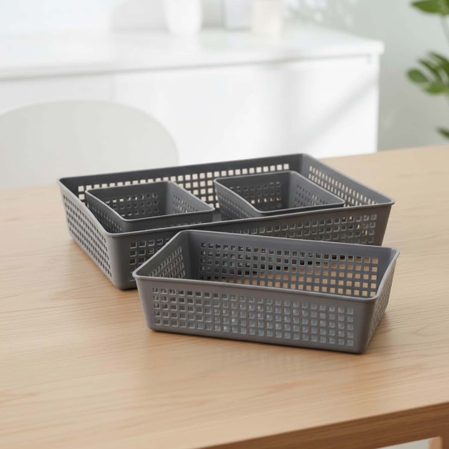 GoHooked 4-piece grey plastic storage basket set with ventilated grid design for home and office organization