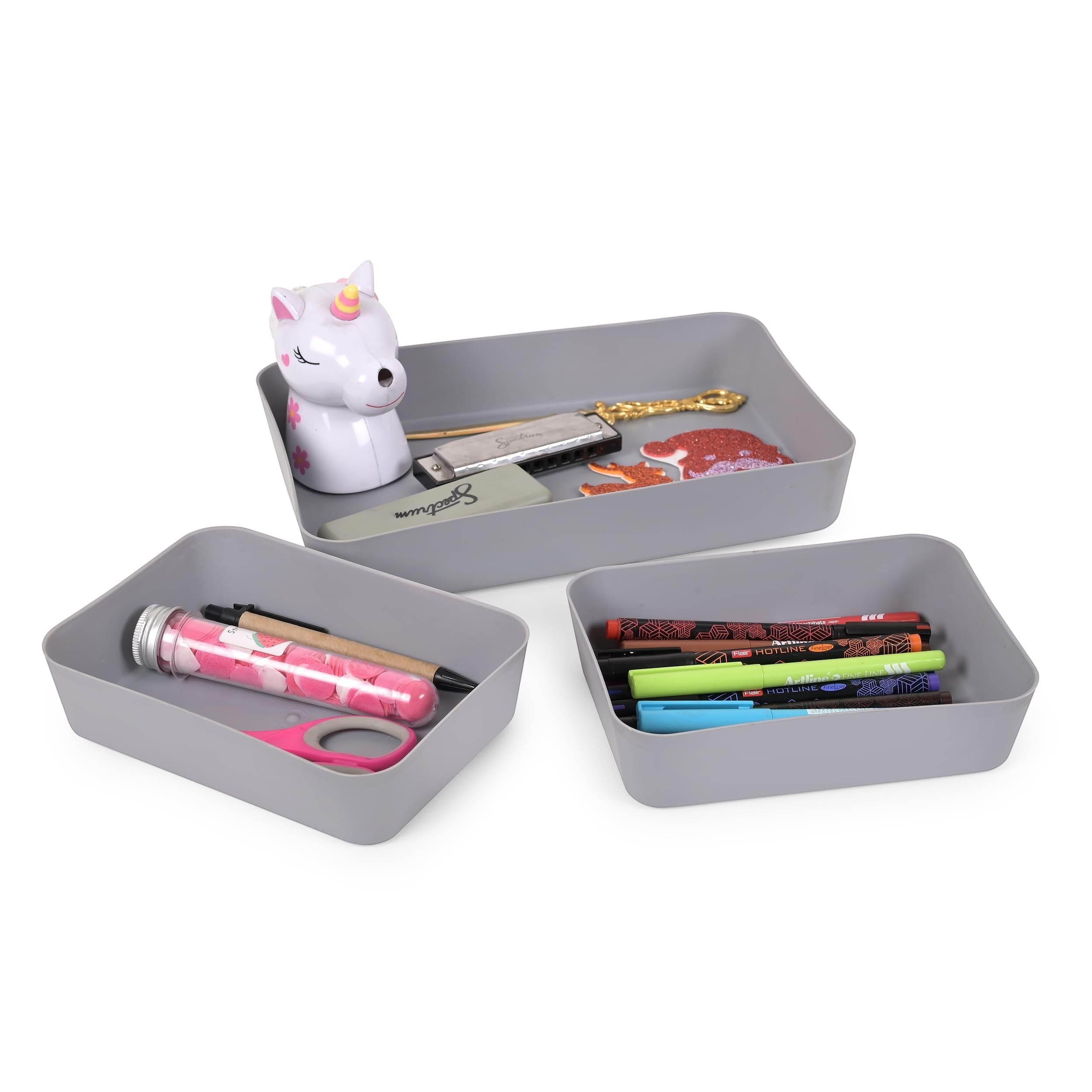 GoHooked set of 3 grey plastic storage trays with pens, scissors, harmonica, and unicorn toy.