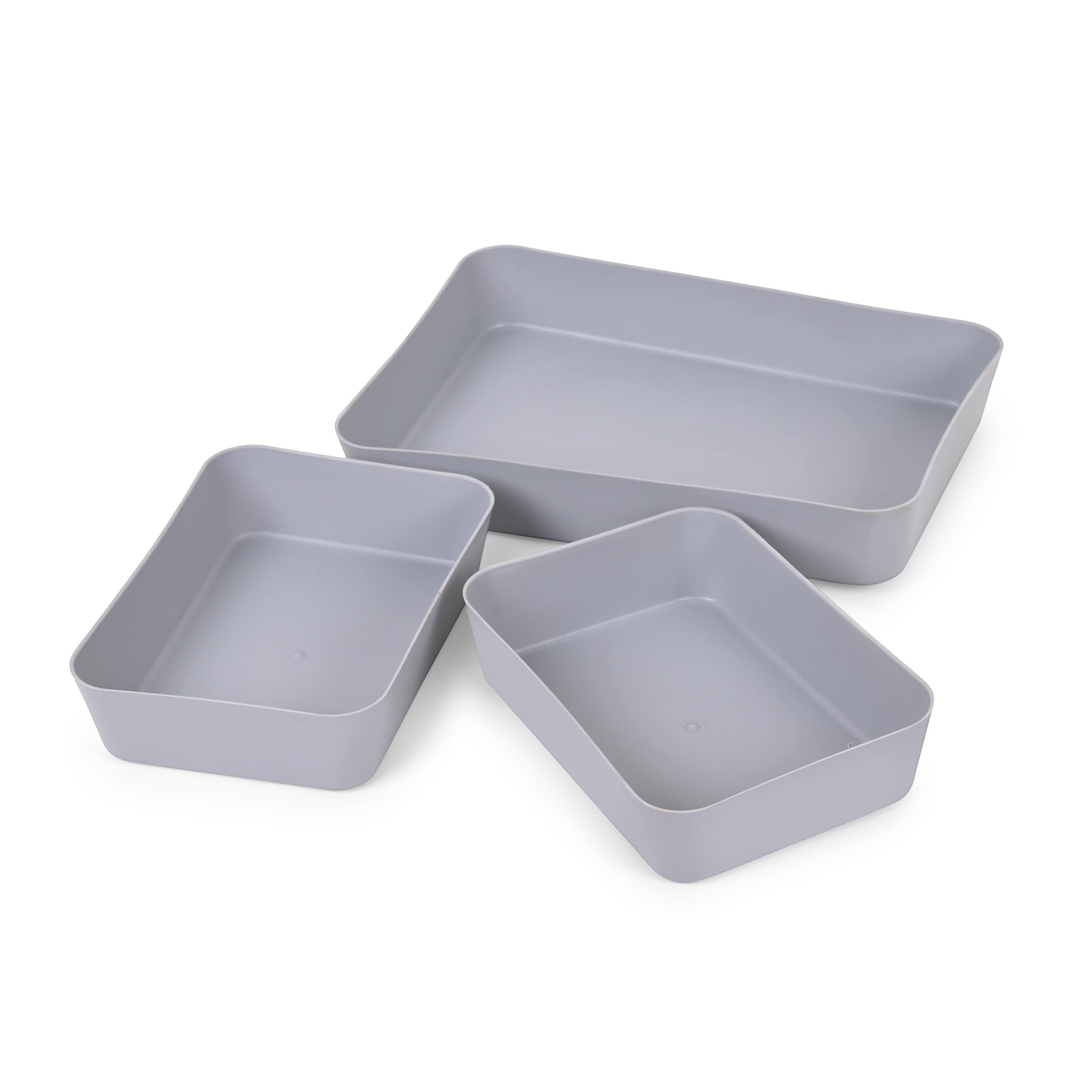 GoHooked set of 3 grey plastic storage trays, multipurpose organizers for kitchen, office, makeup, and stationery.