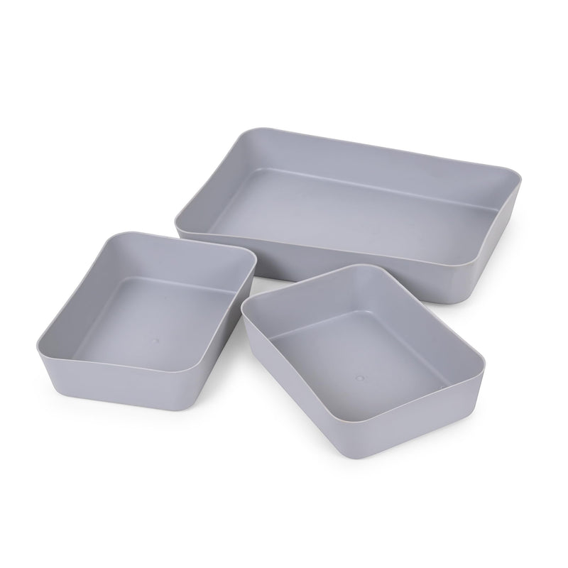 GoHooked set of 3 grey plastic storage trays, multipurpose organizers for kitchen, office, makeup, and stationery.