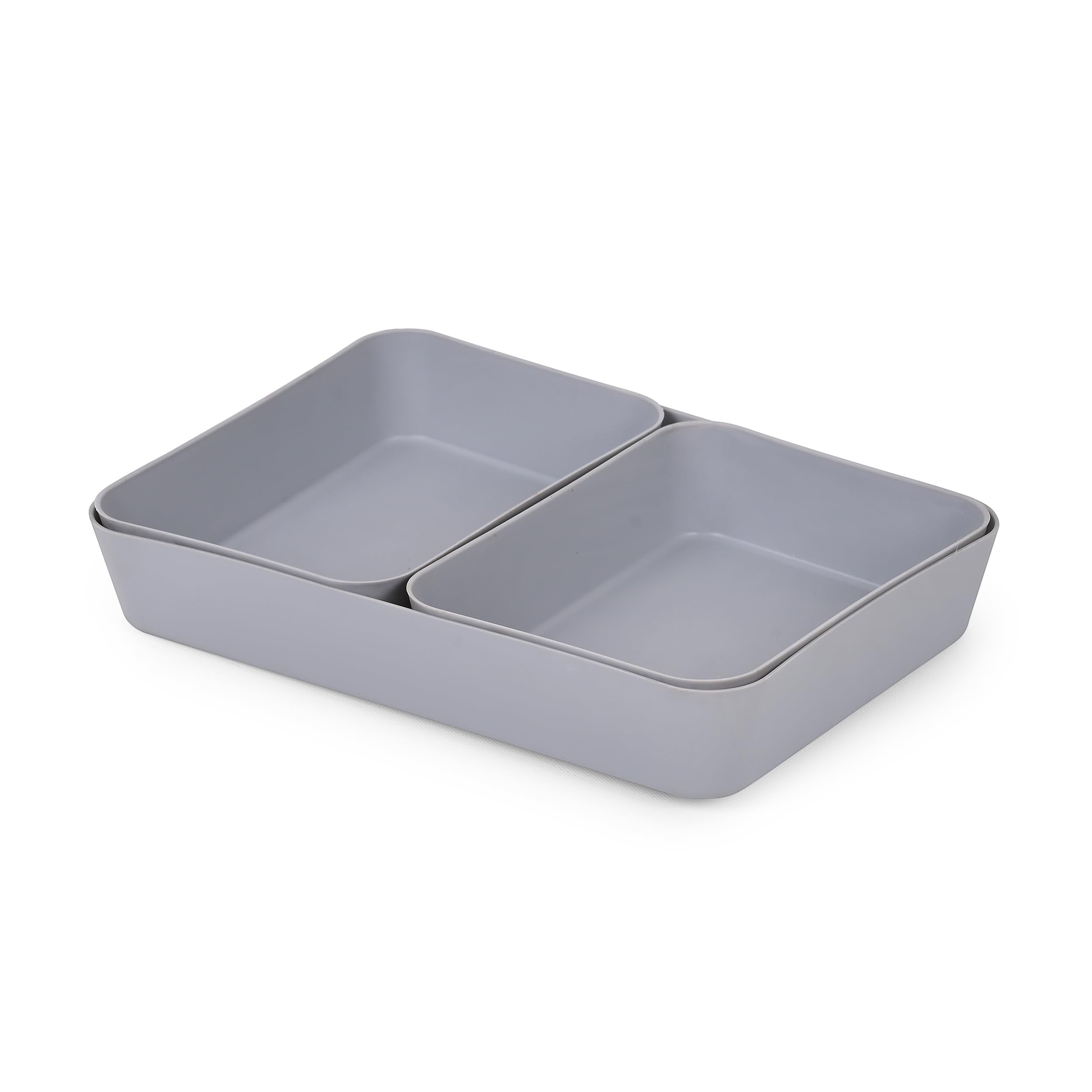 GoHooked set of 3 grey plastic storage trays, multipurpose organizers for kitchen, office, makeup, and stationery.