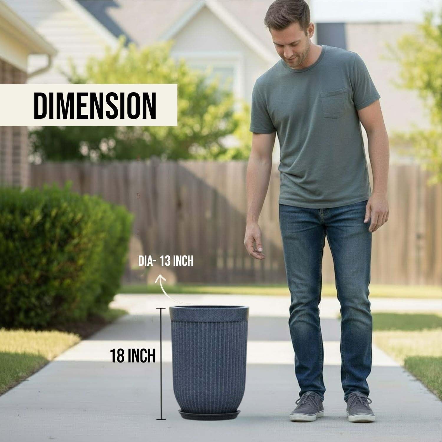 GoHooked 18-inch tall grey ribbed polymer planter with saucer, shown next to a man for scale.