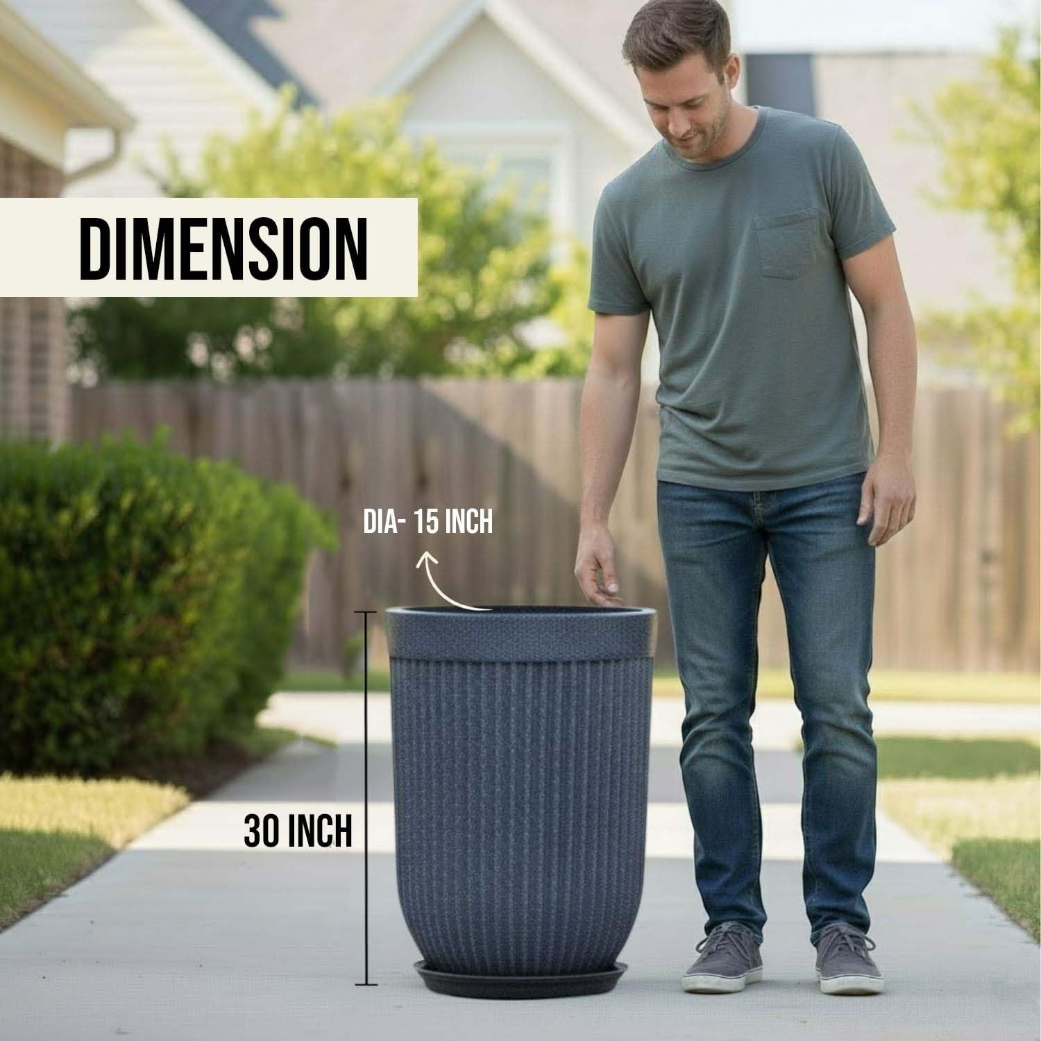 GoHooked 30-inch tall grey ribbed polymer planter with a matching saucer tray, shown next to a man for scale.