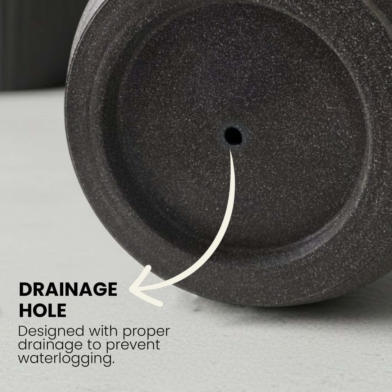 GoHooked 18 inch grey polymer planter with drainage hole for preventing waterlogging.