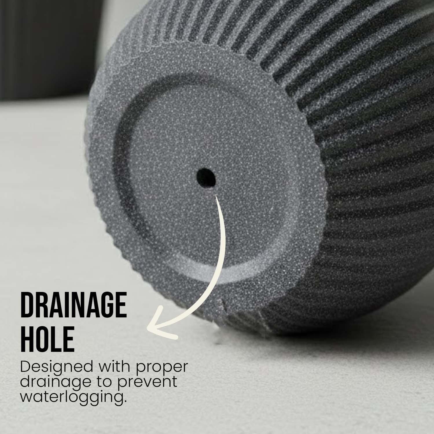 GoHooked grey polymer planter with ribbed design and drainage hole, 18-inch size.