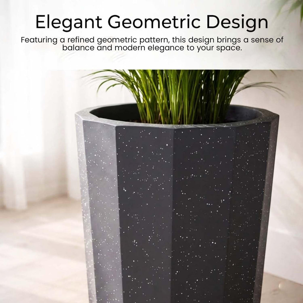 GoHooked modern grey speckled polymer planter pot with faceted design and drainage tray, 14.5 inch