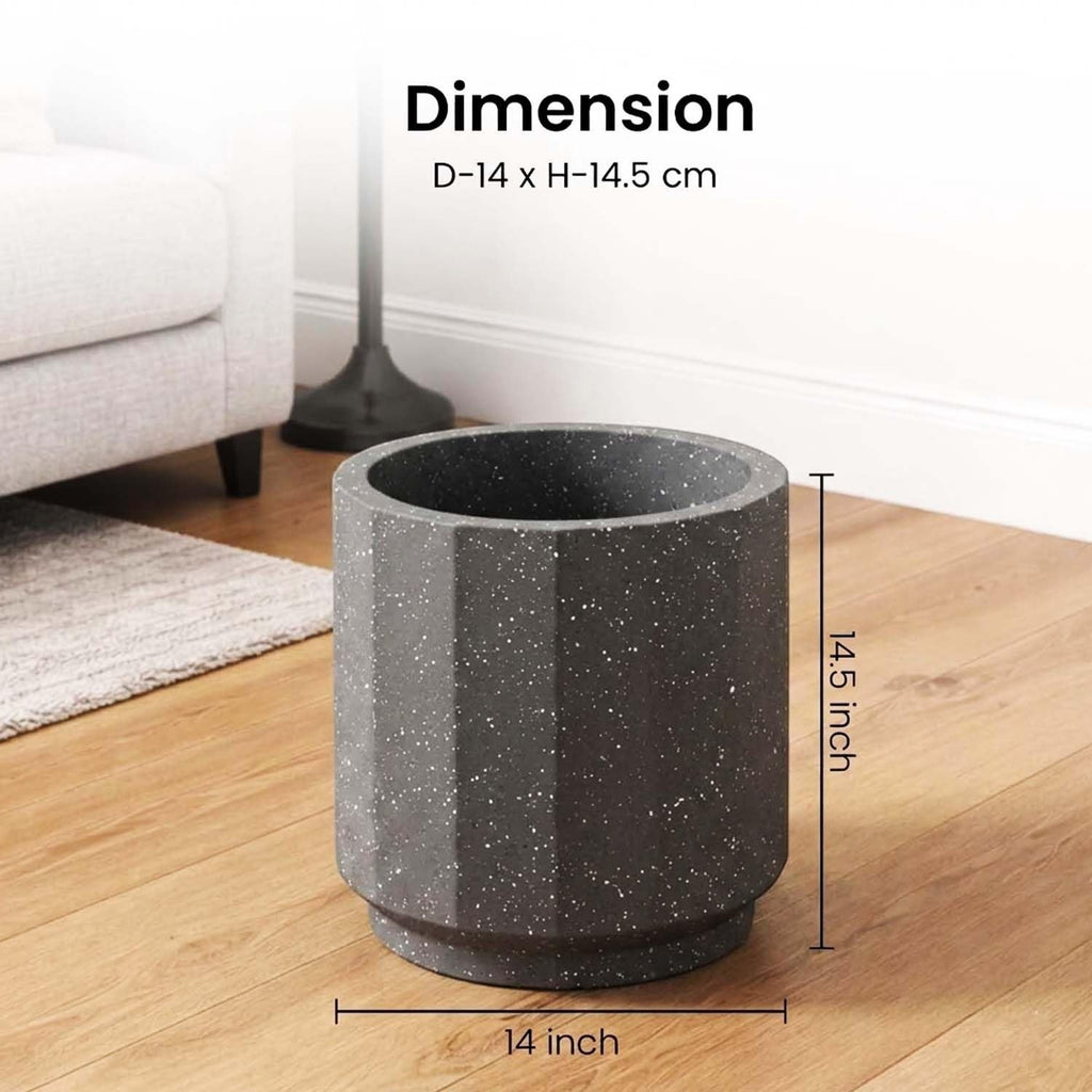 GoHooked modern grey speckled polymer planter pot with faceted design and drainage tray. 14.5 inch height.
