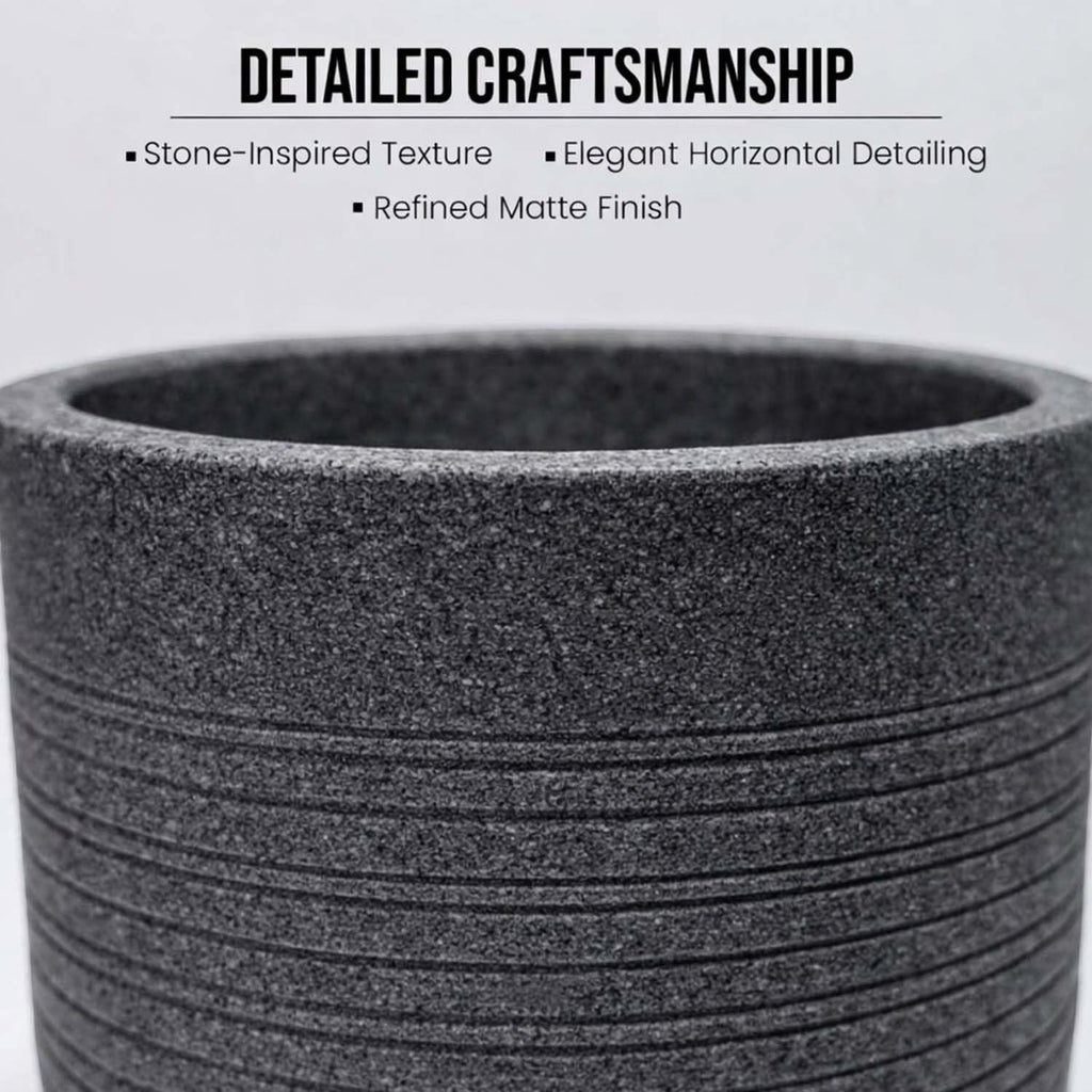 GoHooked 12-inch round grey polymer planter pot with textured ribbed design and matching saucer.