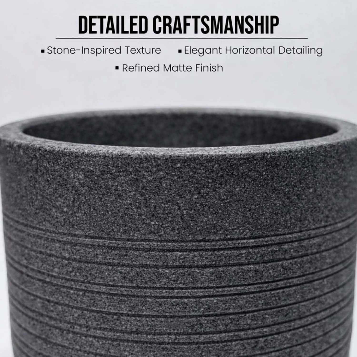 GoHooked 18-inch round grey polymer planter pot with textured ribbed finish and matching tray. Ideal for indoor/outdoor use.