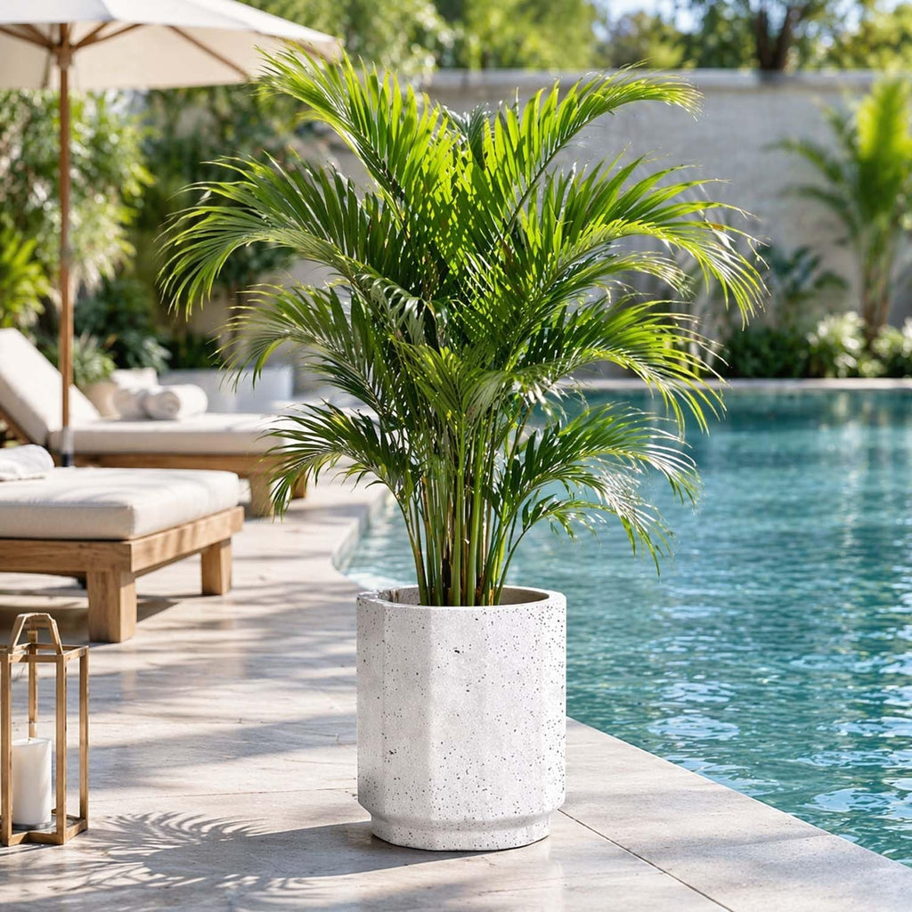 GoHooked modern grey speckled polymer planter pot with tray, 14.5 inch, round, faceted design, for indoor/outdoor use.