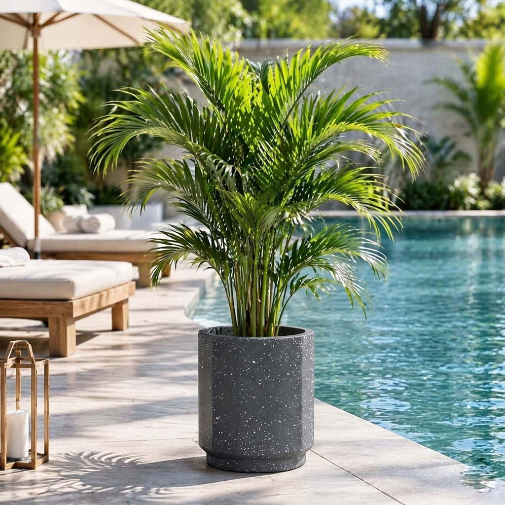 GoHooked modern grey speckled polymer planter pot with tray, 14.5 inch, geometric design, for indoor/outdoor use.