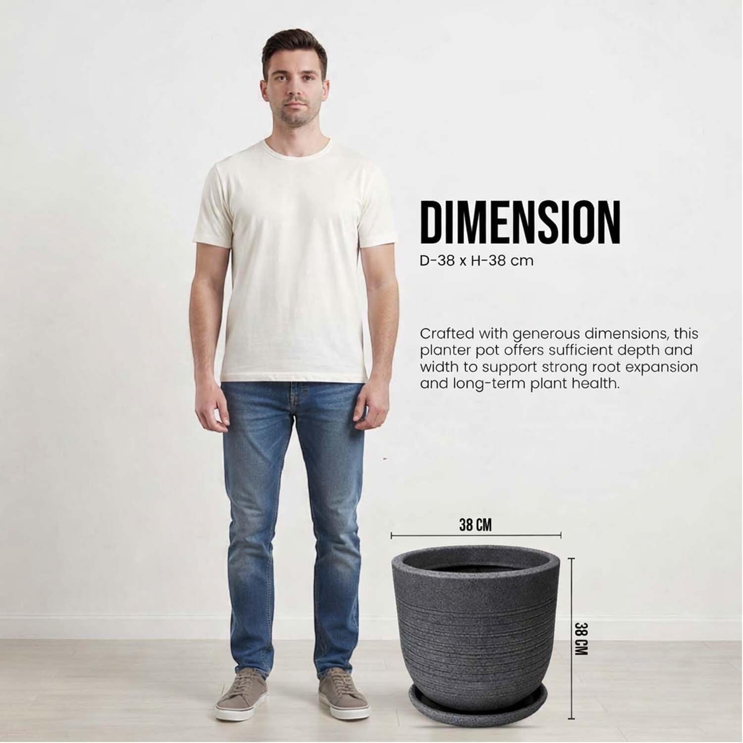 GoHooked large 15-inch grey round polymer planter pot with textured ribbed finish and matching tray. A man stands beside it for scale.