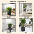 GoHooked 15-inch grey round polymer planter pot with textured ribbed finish and matching tray. Ideal for indoor/outdoor use.