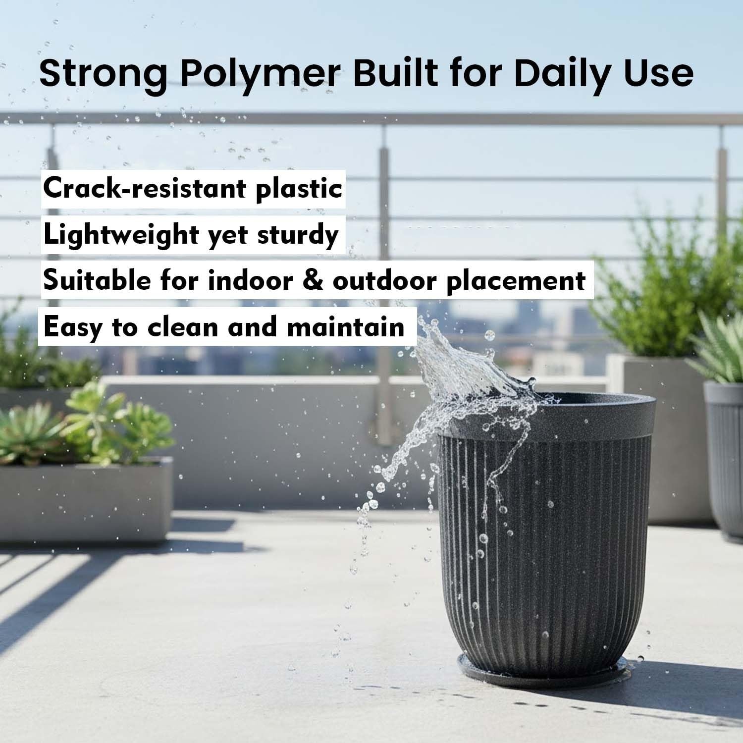 GoHooked 18-inch large grey ribbed polymer planter with saucer tray for indoor/outdoor plants.