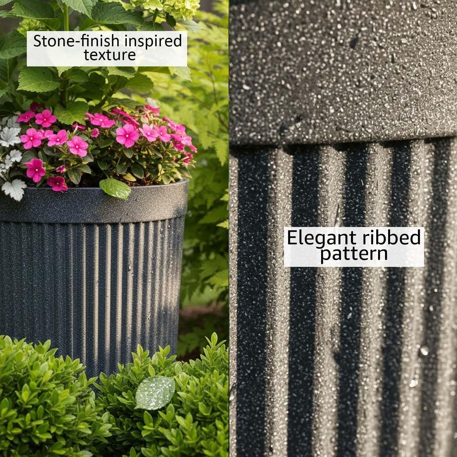 GoHooked 18-inch large grey polymer planter with elegant ribbed design and stone-finish texture. Includes saucer tray.