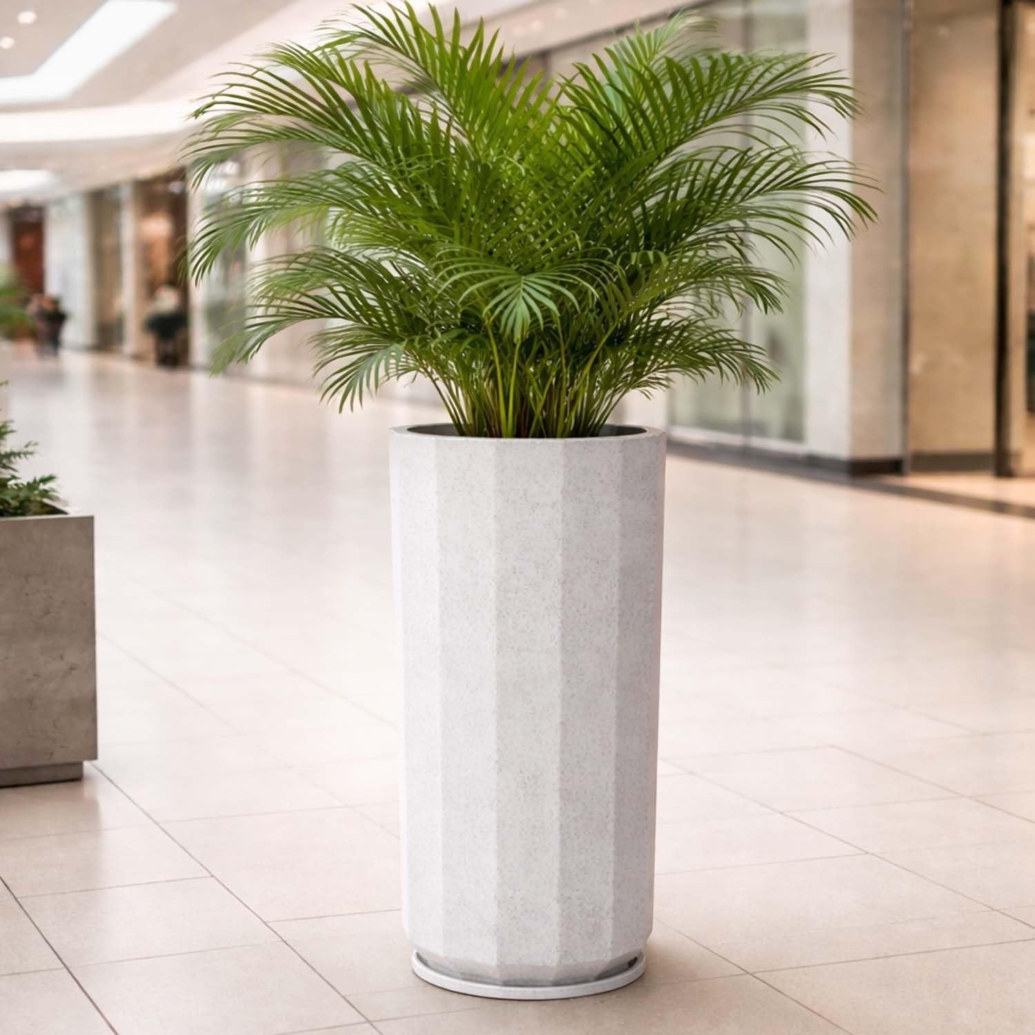 GoHooked tall grey faceted polymer planter with tray, 14.5 inch, modern decorative flower pot for home and garden.