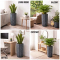 GoHooked modern grey faceted polymer planter with tray, 14.5 inch tall, for indoor/outdoor use.