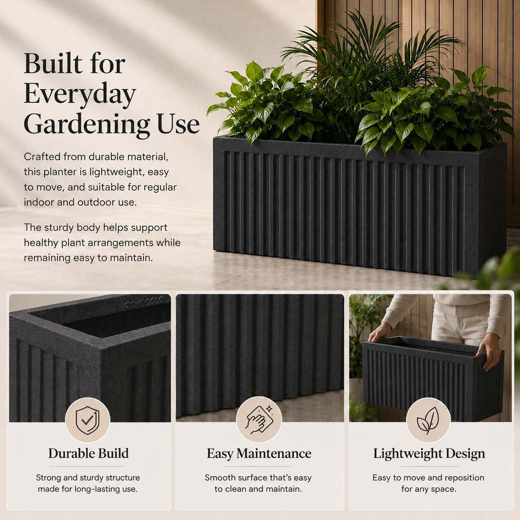 GoHooked 24x12 inch grey rectangular polymer planter with vertical ribbed design. Ideal for indoor/outdoor use.