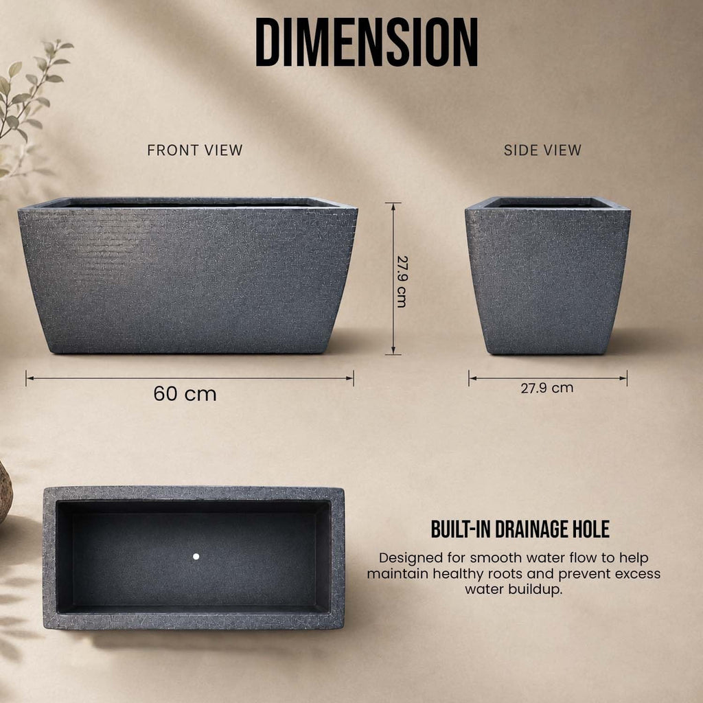 GoHooked grey rectangular polymer planter pot, 24x11 inches, with textured ribbed design and drainage hole.