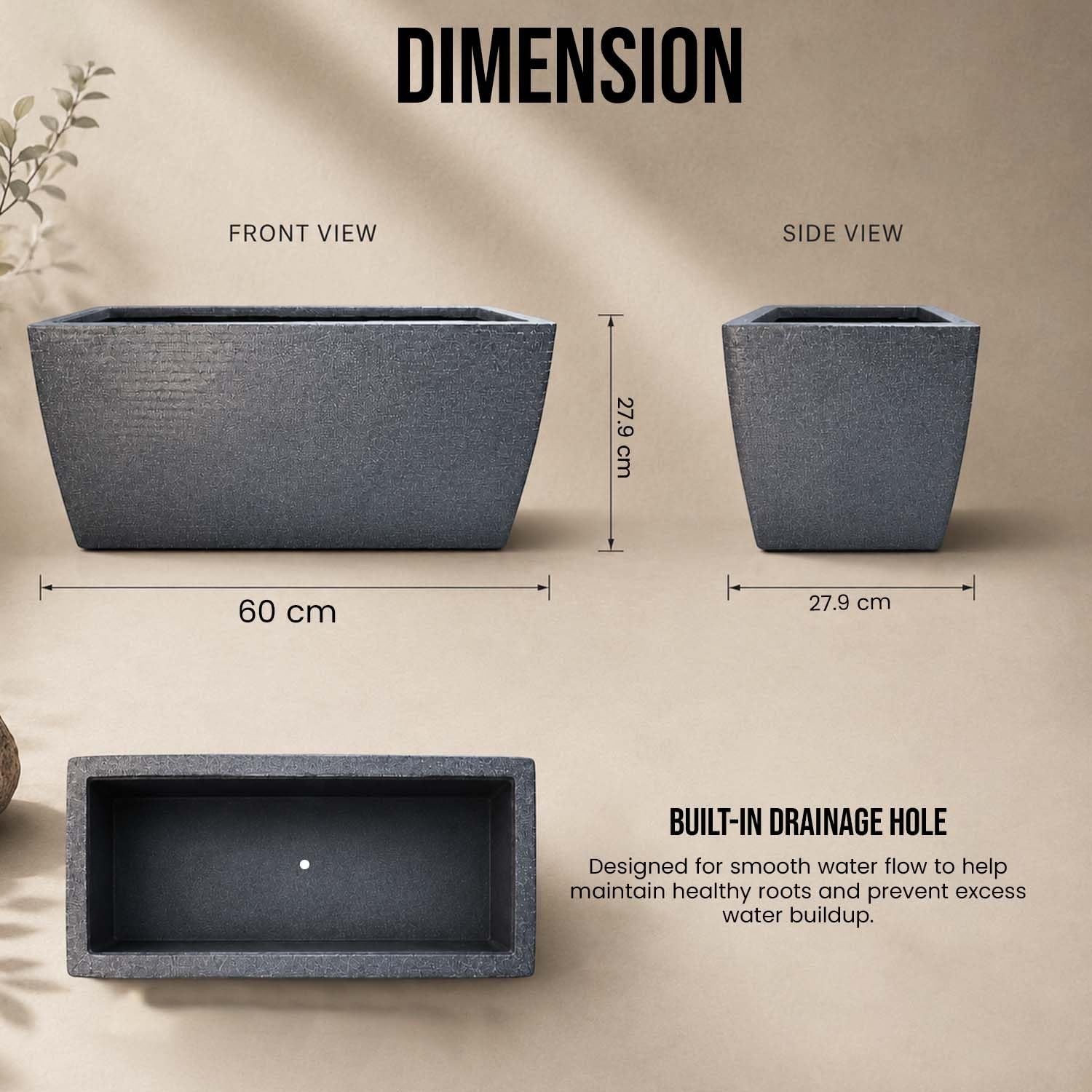 GoHooked grey rectangular polymer planter pot, 24x11 inches, with textured ribbed design and drainage hole.