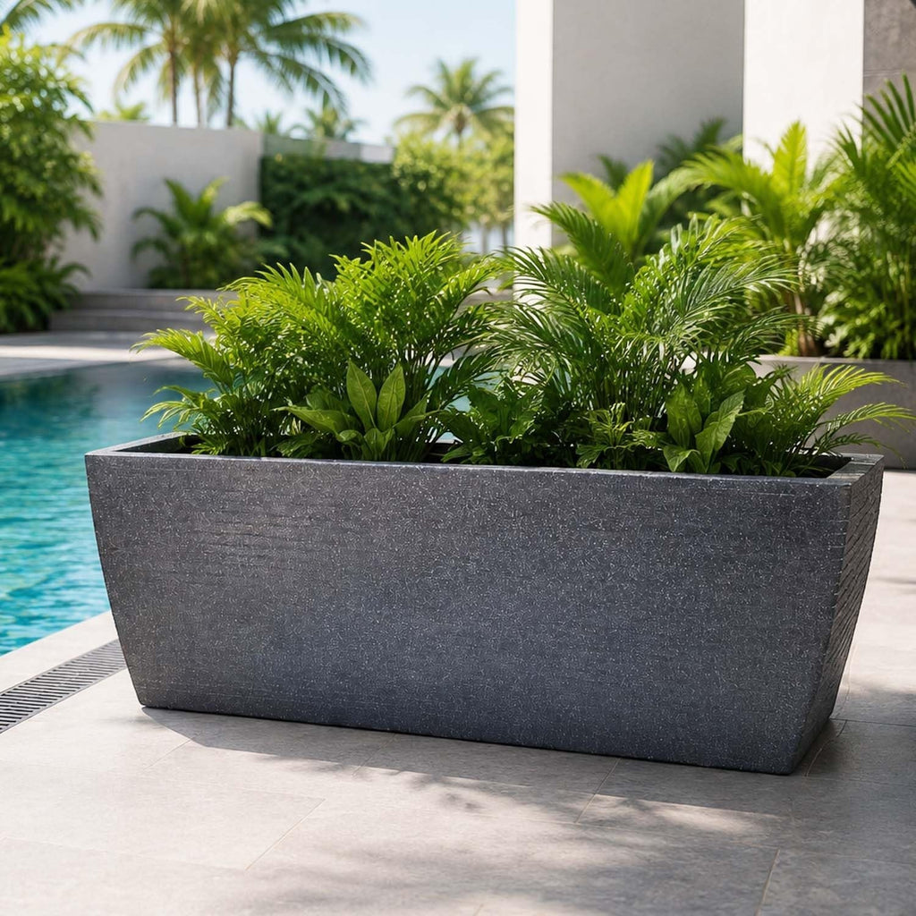 GoHooked grey rectangular polymer planter pot with ribbed texture, 36 inches, for indoor/outdoor use.