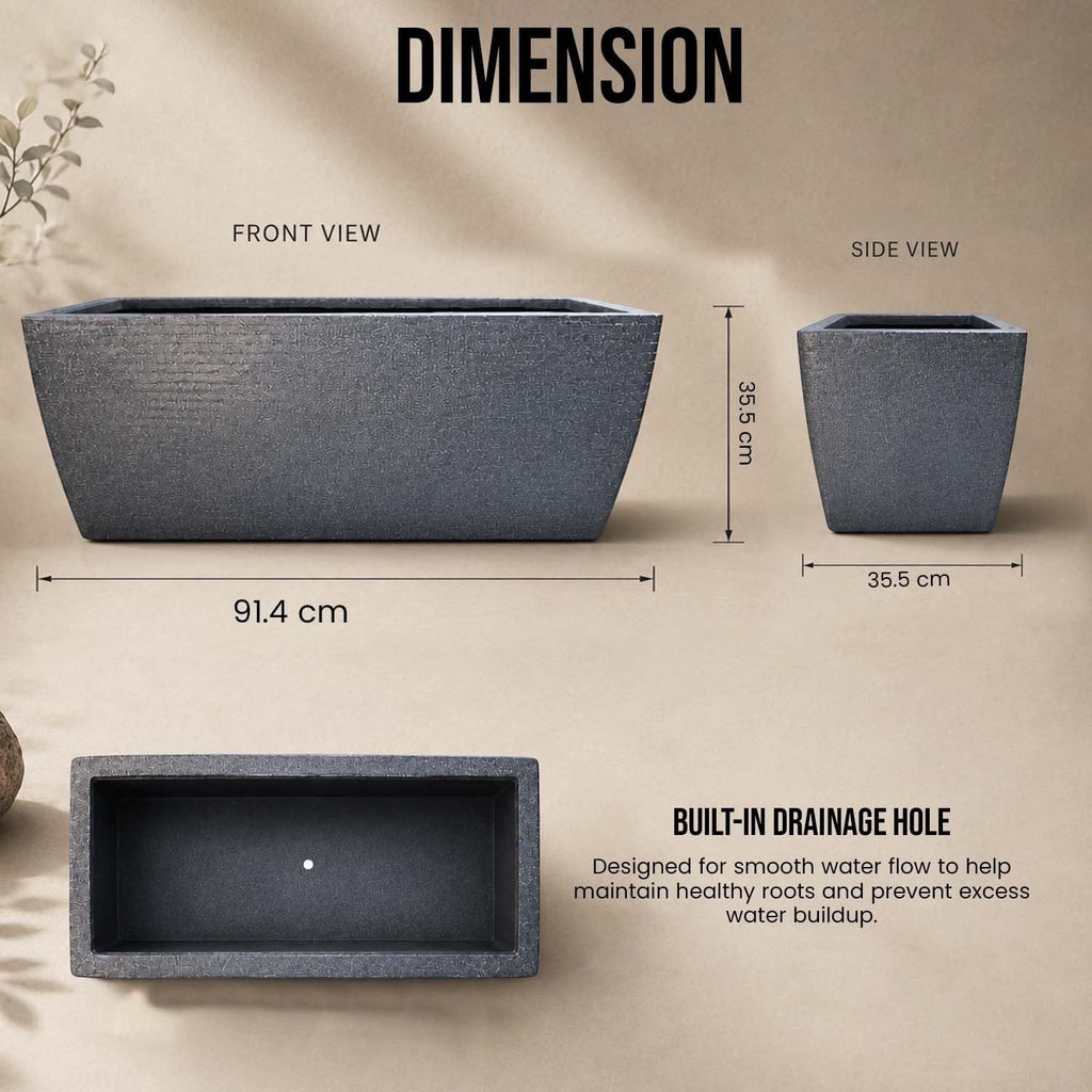 GoHooked grey rectangular polymer planter pot with ribbed texture, 36 inches long, featuring a built-in drainage hole for healthy plant roots.