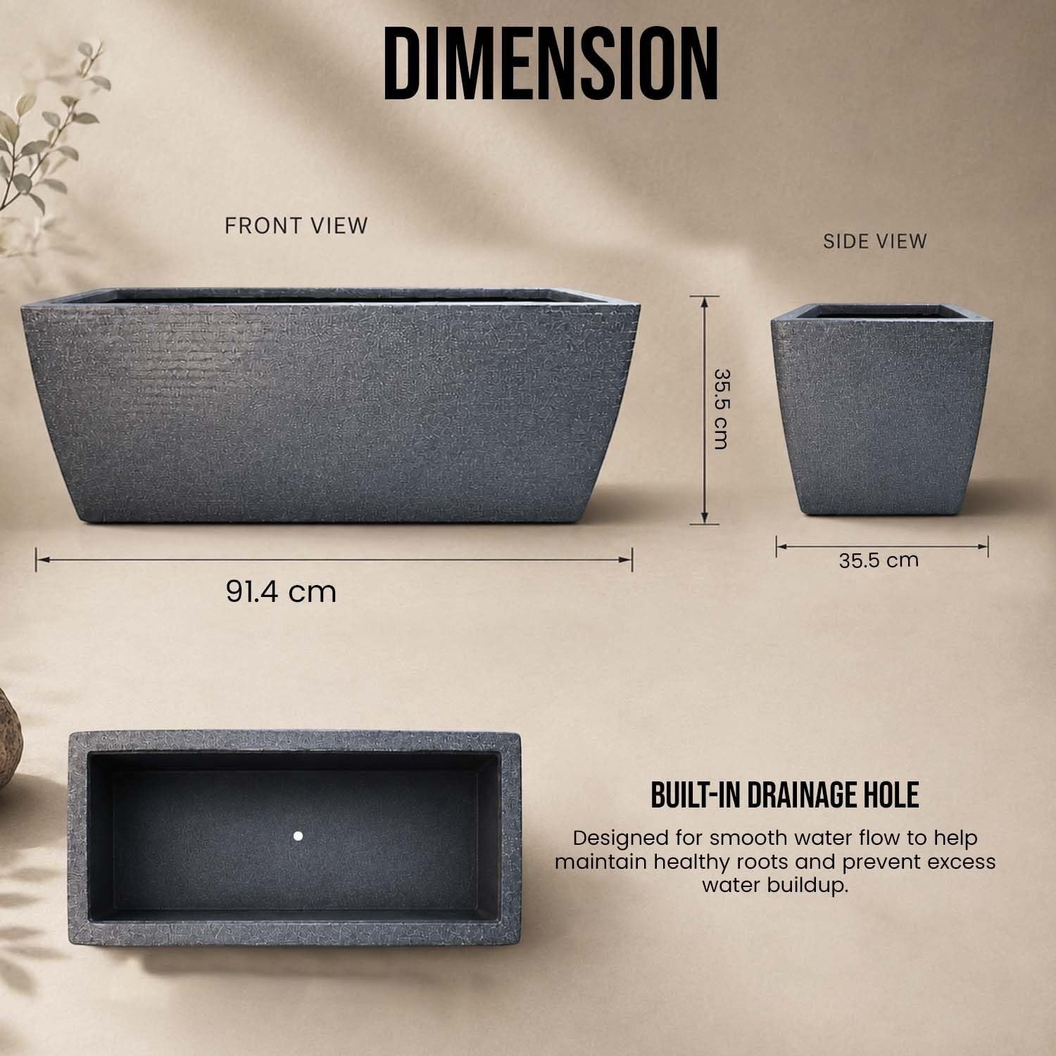 GoHooked grey rectangular polymer planter pot with ribbed texture, 36 inches long, featuring a built-in drainage hole for healthy plant roots.