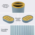 Go Hooked modern grey ribbed plastic bathroom accessories set with dual-tone design and wooden style drainer.