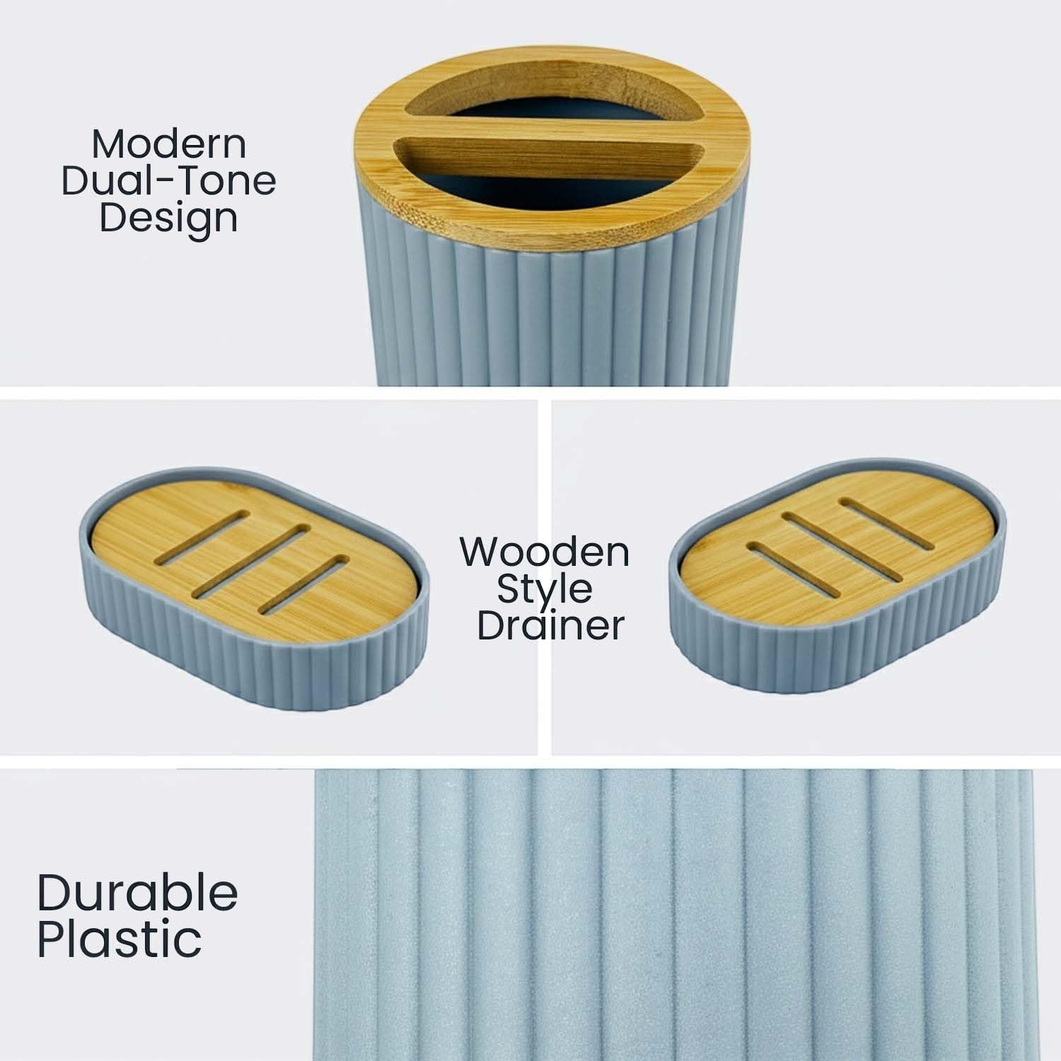 Go Hooked modern grey ribbed plastic bathroom accessories set with dual-tone design and wooden style drainer.