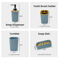 GoHooked grey ribbed bathroom accessories set including soap dispenser, toothbrush holder, tumbler, and soap dish.