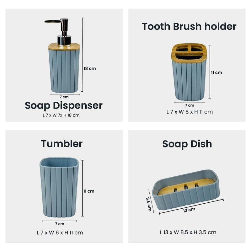 GoHooked grey ribbed bathroom accessories set including soap dispenser, toothbrush holder, tumbler, and soap dish.