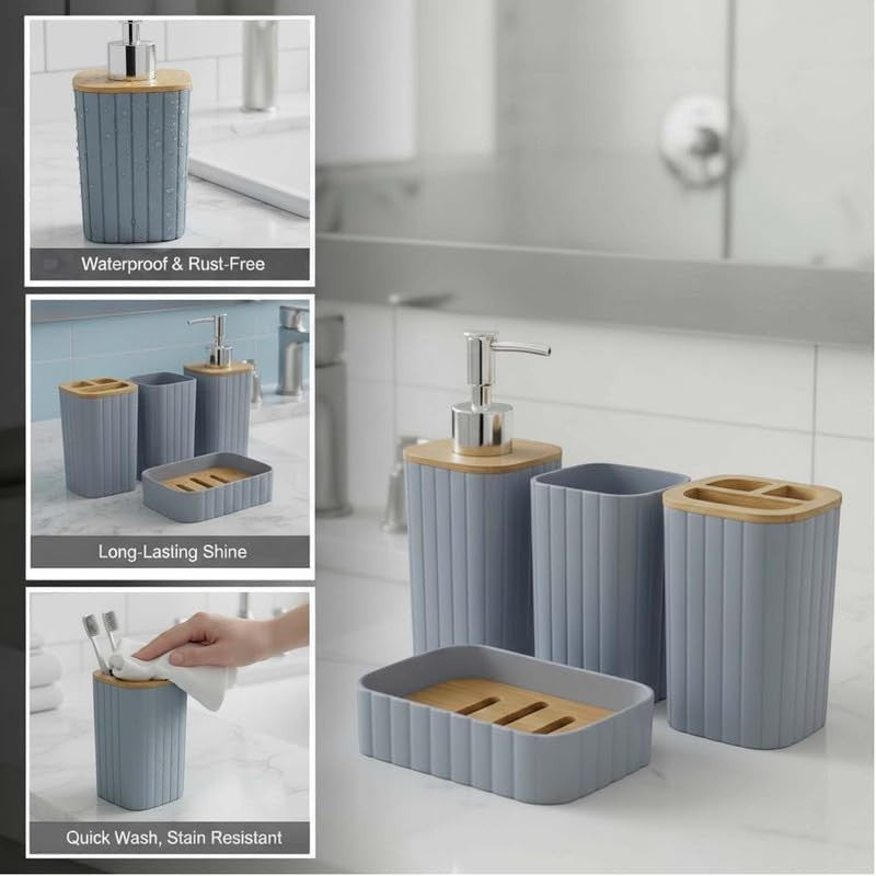 Go Hooked grey ribbed bathroom accessories set with soap dispenser, toothbrush holder, tumbler, and soap dish.
