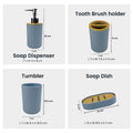 Go Hooked grey ribbed plastic bathroom accessories set including soap dispenser, toothbrush holder, tumbler, and soap dish.