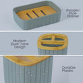 GoHooked grey ribbed bathroom accessories set with wooden style drainer, includes soap dish, toothbrush holder, tumbler, and dispenser.