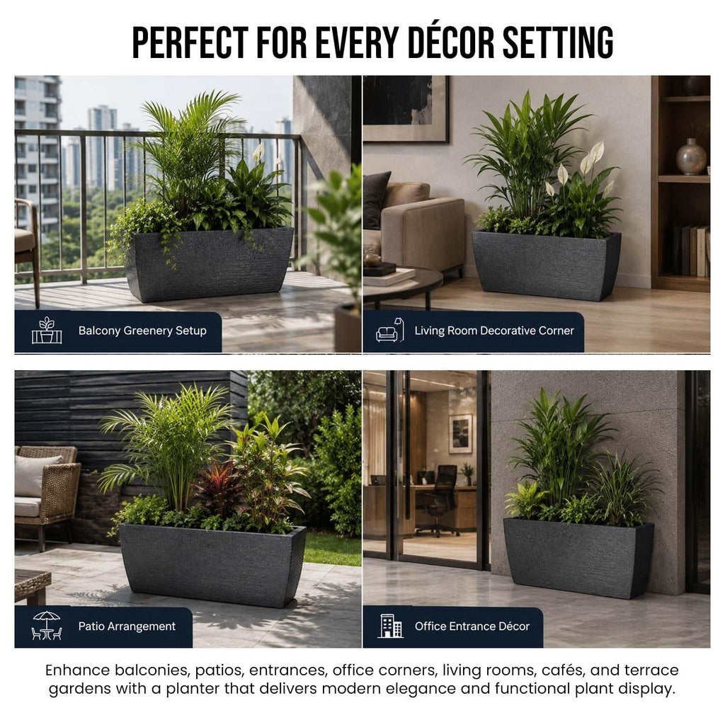 GoHooked grey rectangular polymer planter pot with ribbed texture, 24x11 inches, for indoor/outdoor use.