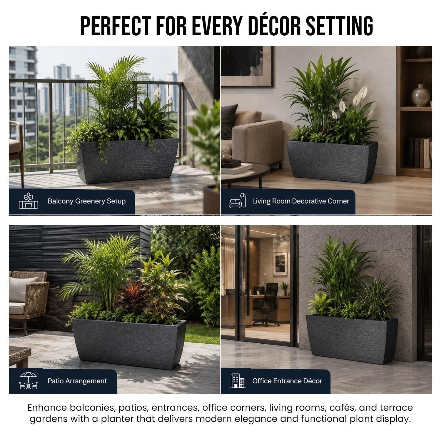 GoHooked grey rectangular polymer planter pot with ribbed texture, 24x11 inches, for indoor/outdoor use.