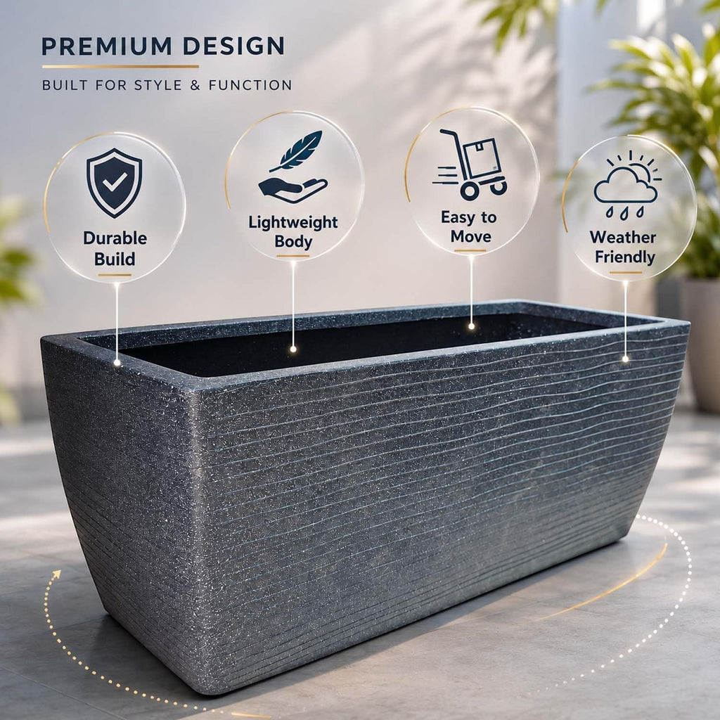 GoHooked grey rectangular polymer planter pot with ribbed texture, 24x11 inches, for indoor/outdoor use.
