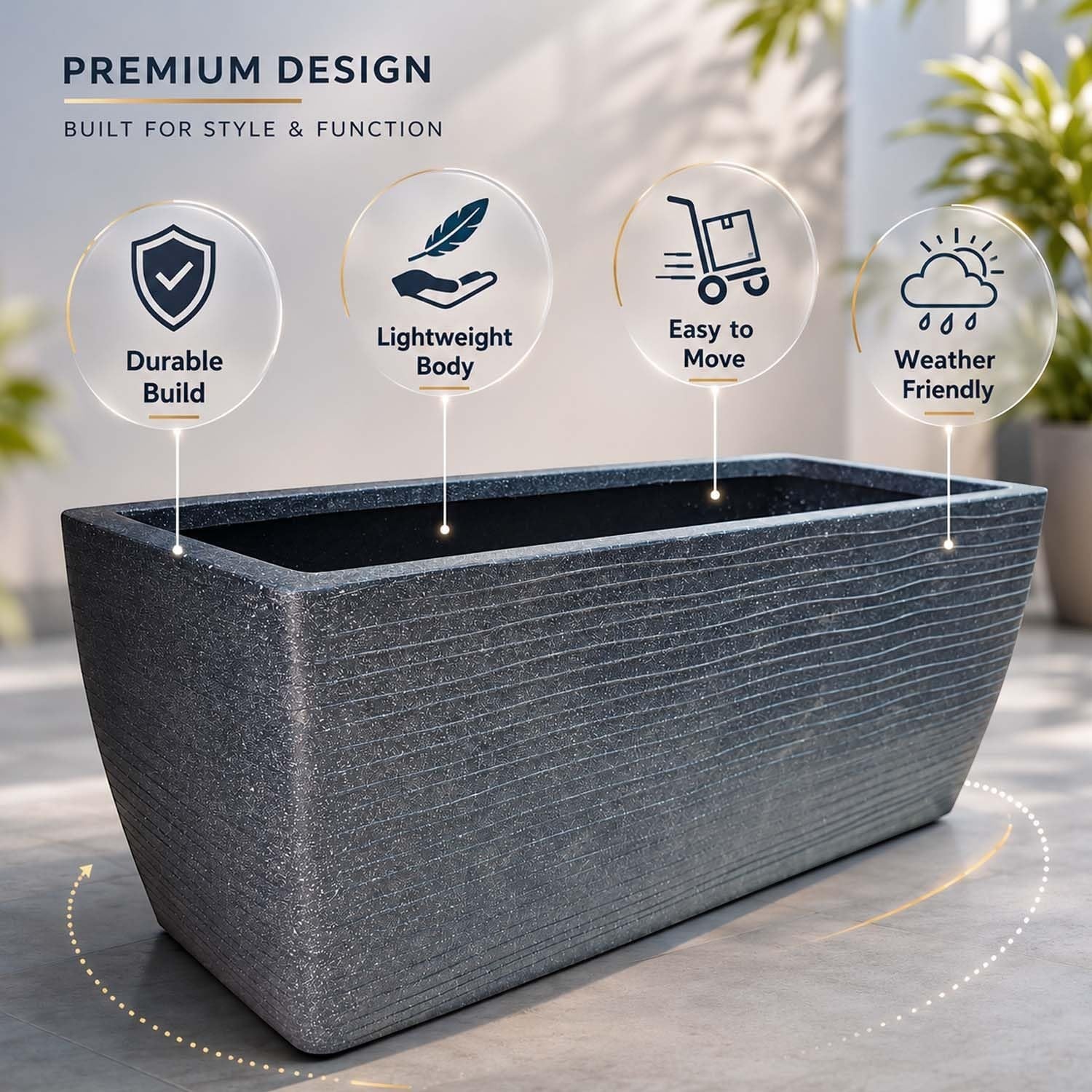 GoHooked grey rectangular polymer planter pot with ribbed texture, 24x11 inches, for indoor/outdoor use.