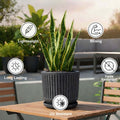 GoHooked large grey ribbed polymer planter with matching tray, granite speckled finish, 15x14 inch.