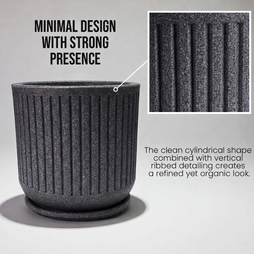 GoHooked grey ribbed polymer planter pot with matching tray, 12x11 inch, granite speckled finish.