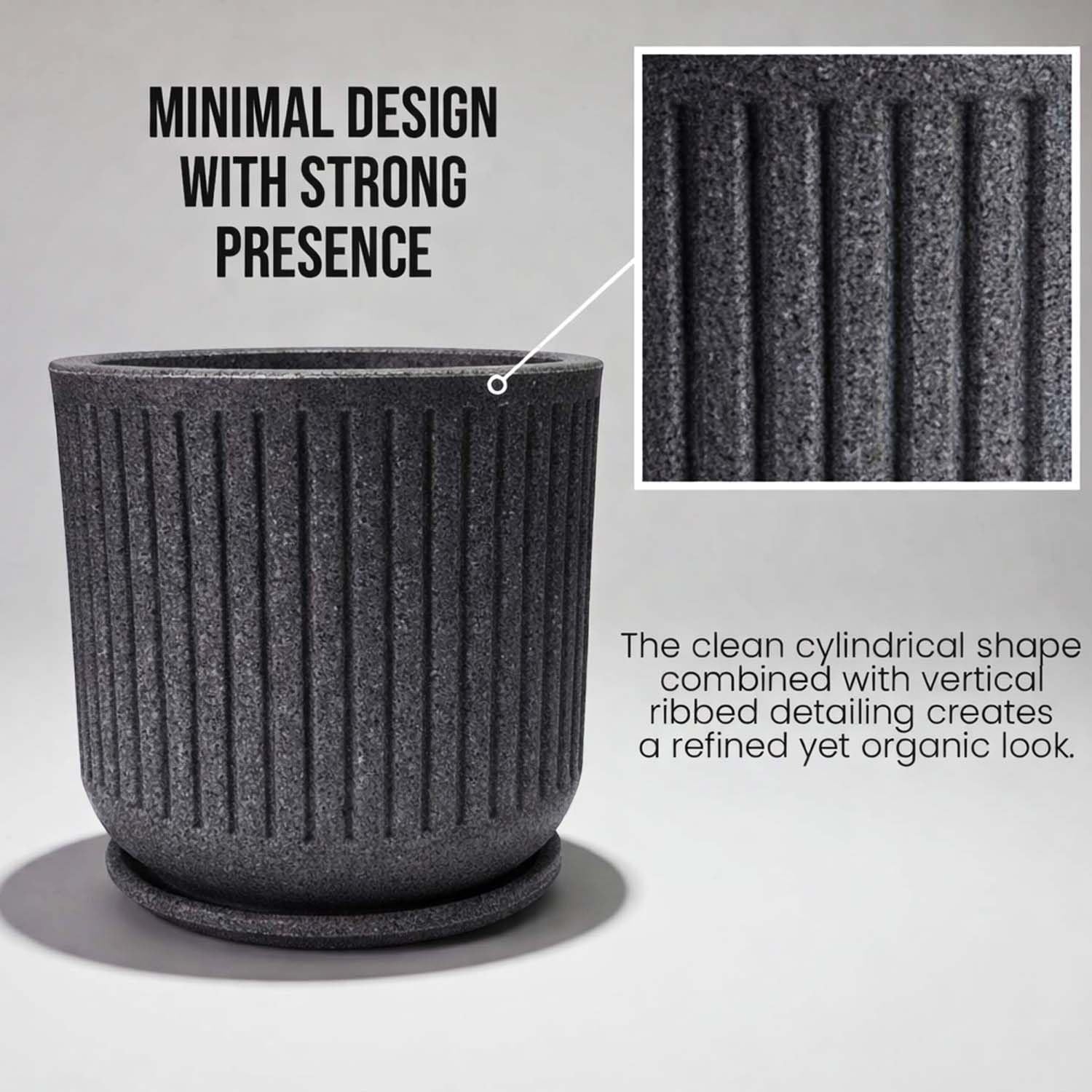 GoHooked large grey ribbed polymer planter pot with matching tray, granite speckled finish, 15x14 inch.