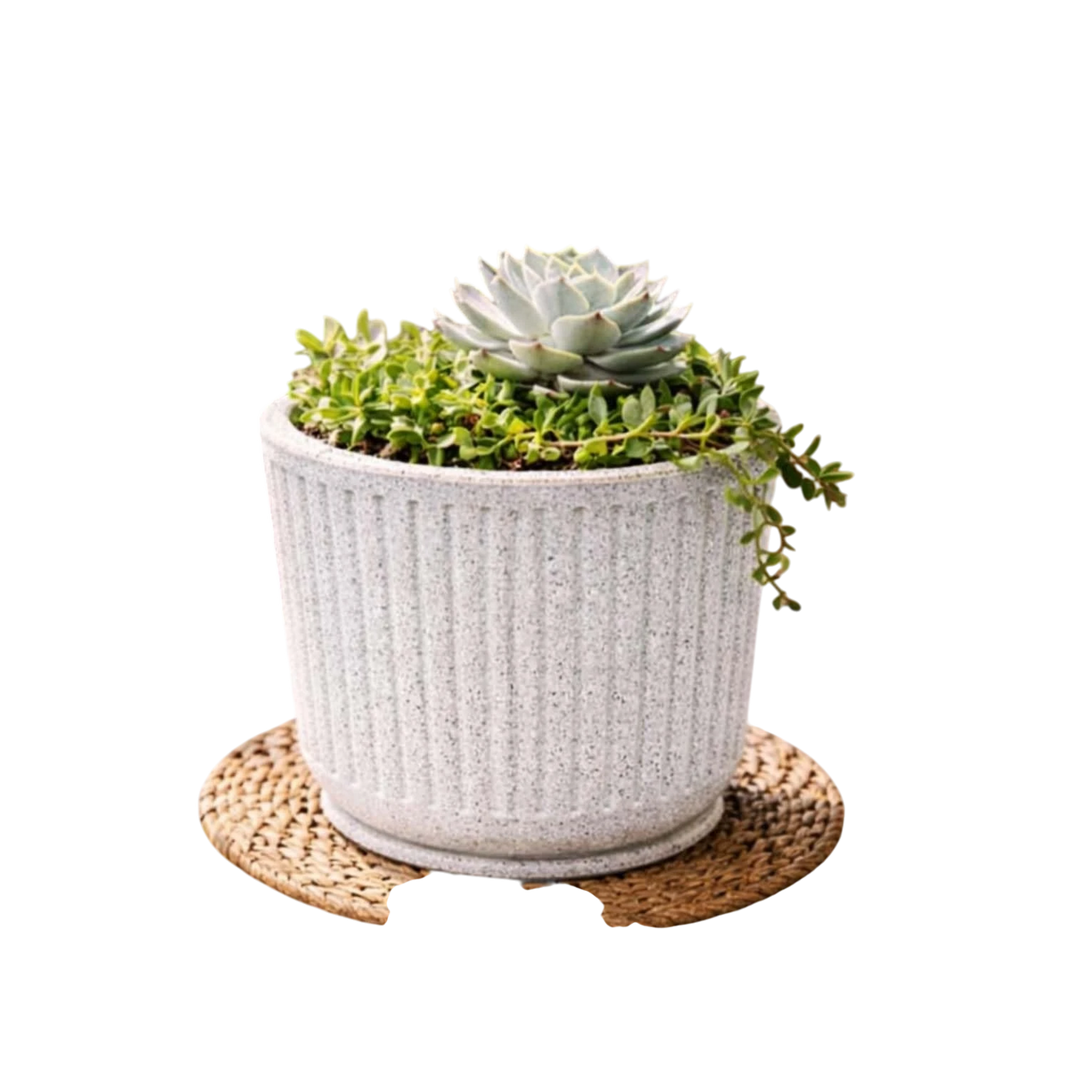 Go Hooked Cosmic Round Planter Pot with Tray (12×11 Inch, Grey) | Granite Speckled Ribbed Polymer Design | Decorative Plastic Flower Pot for Indoor Outdoor Plants, Balcony & Home Garden Décor