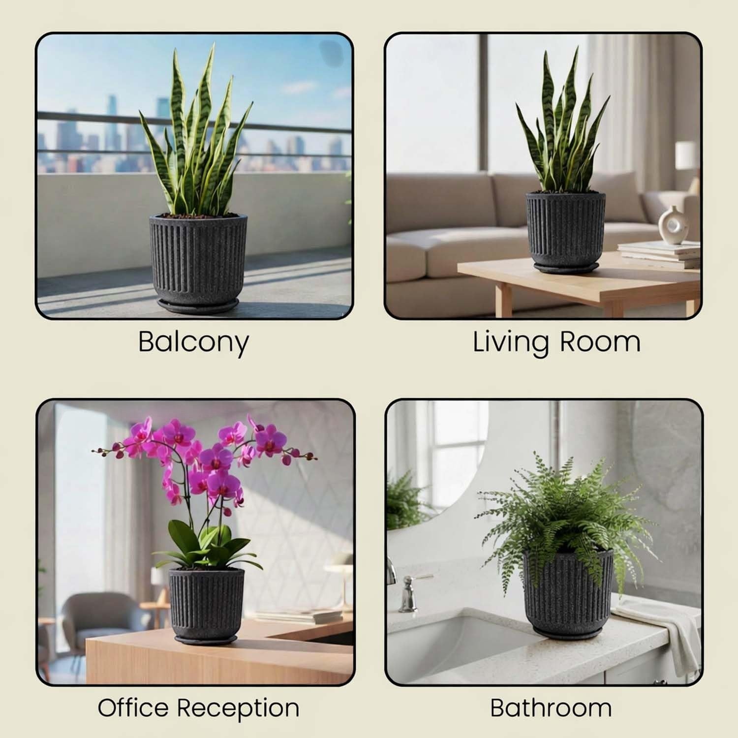 GoHooked grey ribbed polymer planter with matching tray, 12x11 inch, granite speckled design.