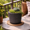 GoHooked grey ribbed polymer planter with granite speckle design and matching tray, holding a succulent.