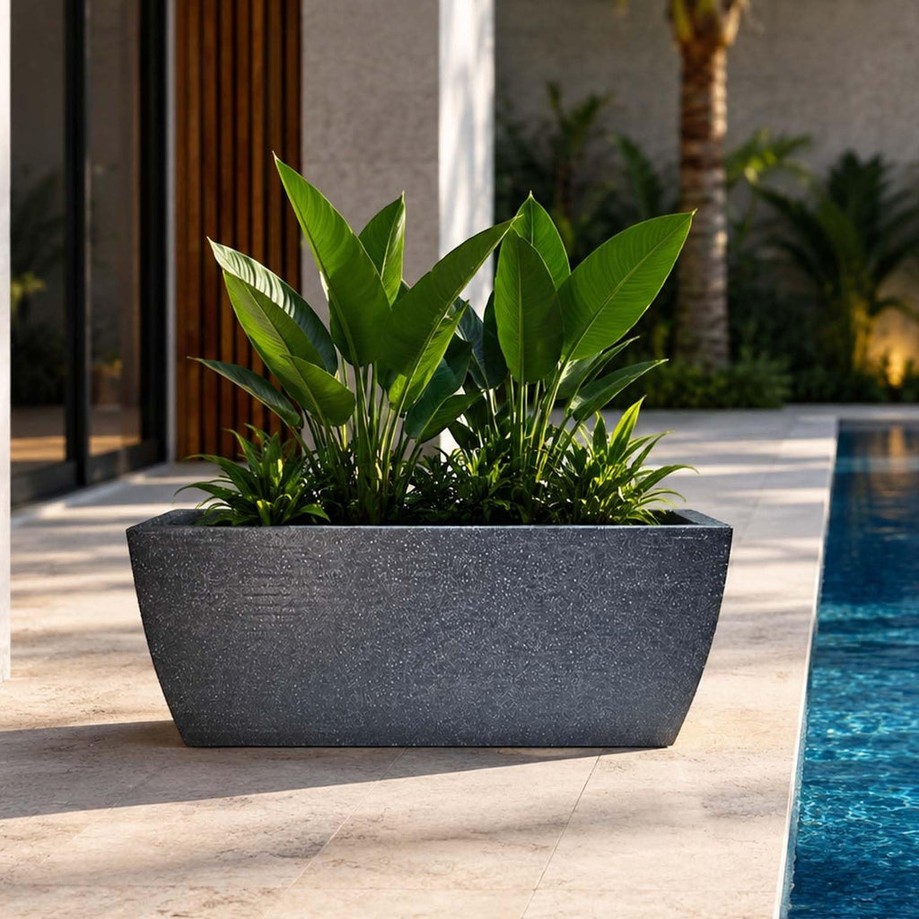 GoHooked grey rectangular polymer planter with ribbed texture, 24x11 inches, for indoor/outdoor use.